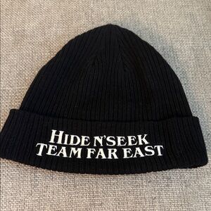 “Hide and Seek” Black Beanie with White Embroidery